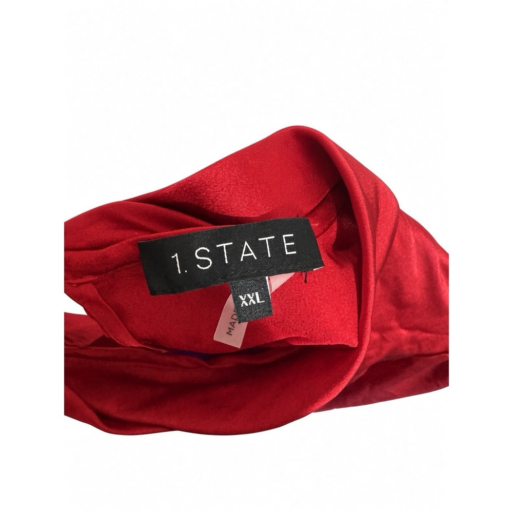 1.  STATE Red Long Sleeve Blouse XXL Keyhole Mock Neck Satin Polyester - Picture 7 of 9